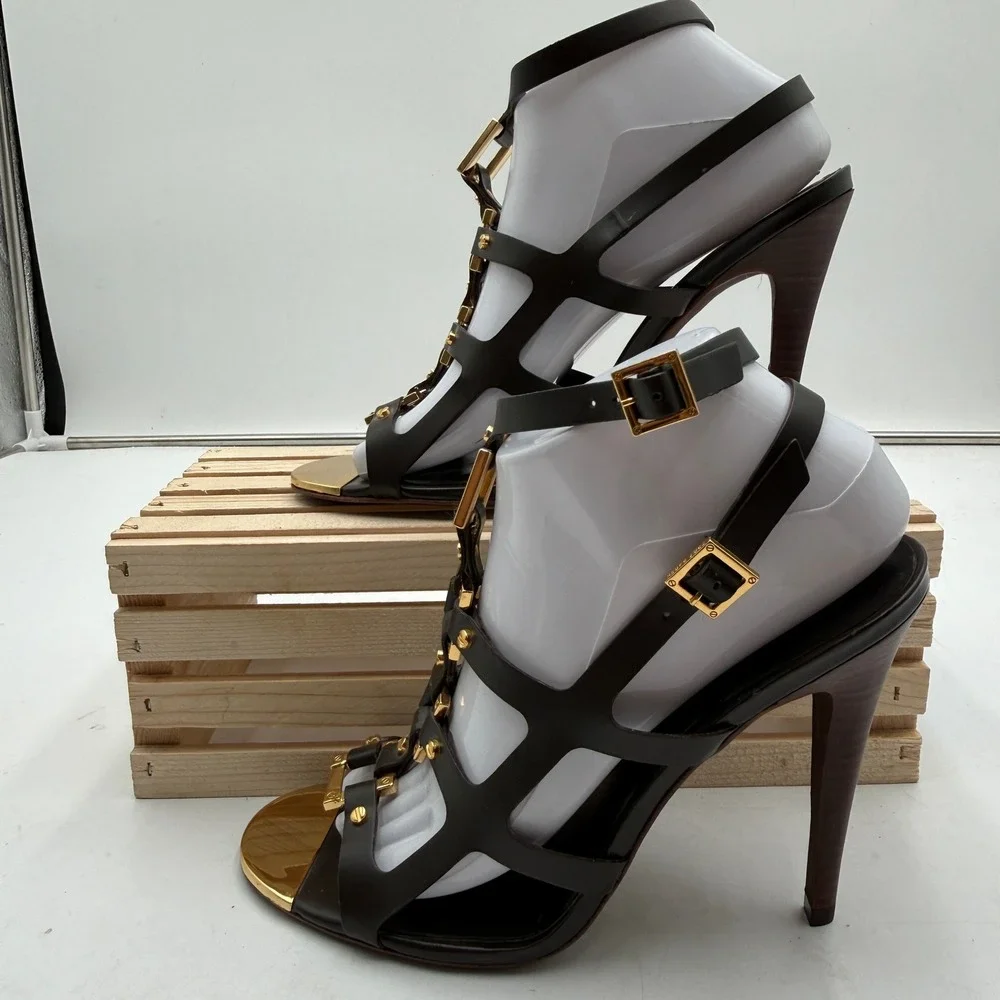 Tory Burch Francesca Gladiator Heels Double Buckle Leather Brown Gold Women 9M